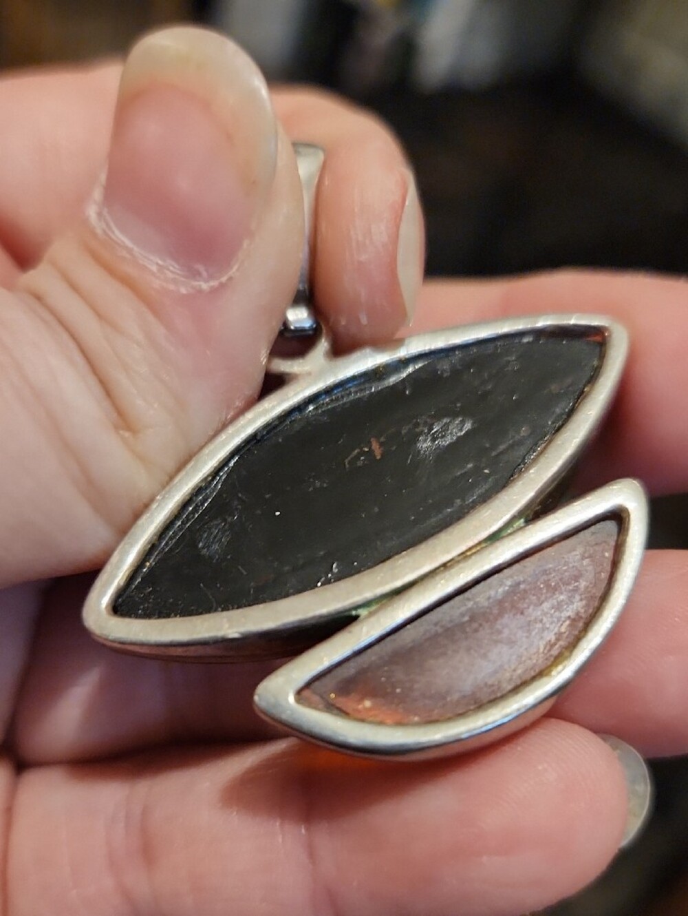 Two Types of Amber in a Silver Edged Double Marquise Pendant with Inclusions - Picture 3 of 4